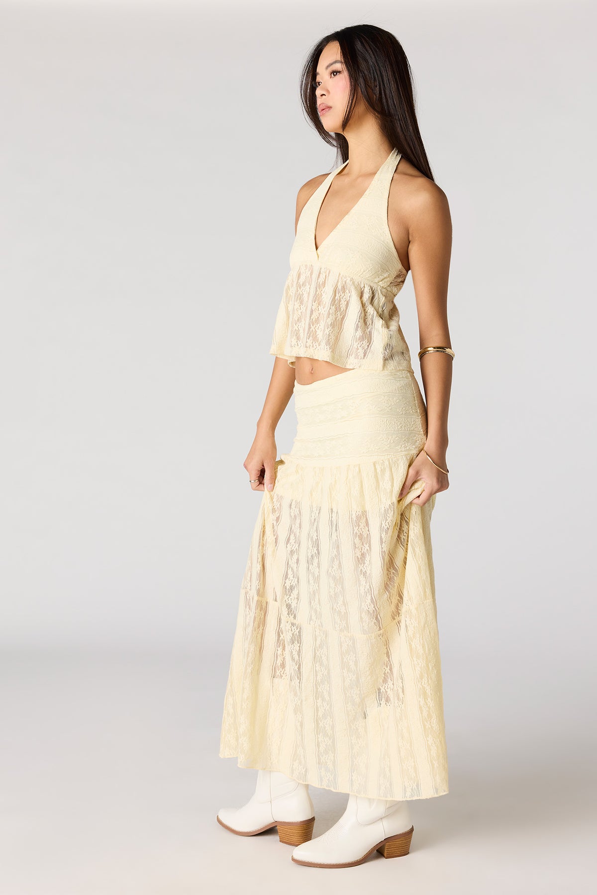 Alt View 2. Floral Lace Maxi Skirt - Yellow
