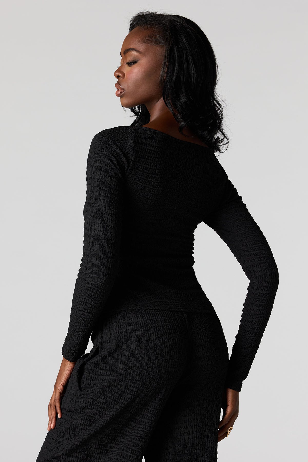 Alt View 2. Textured Asymmetrical Long Sleeve Top - Black