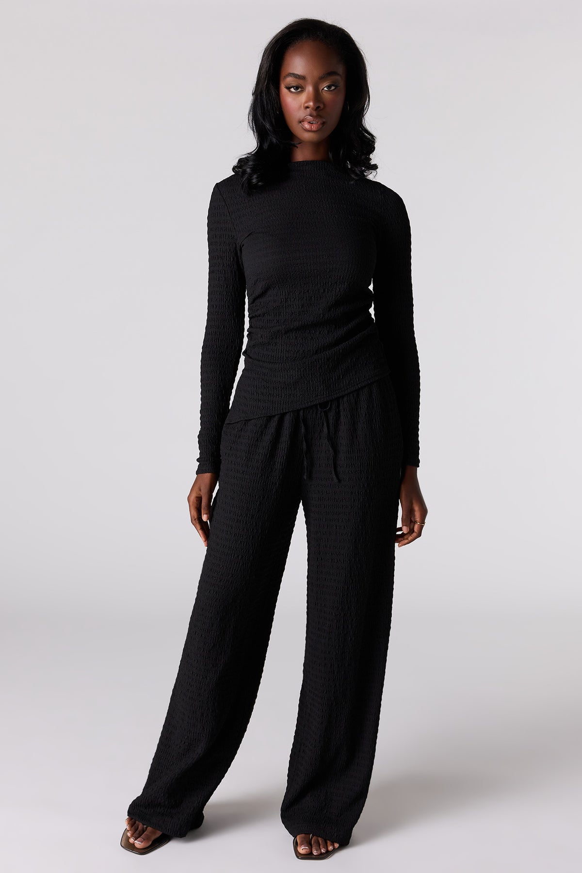 Alt View 3. Textured Asymmetrical Long Sleeve Top - Black