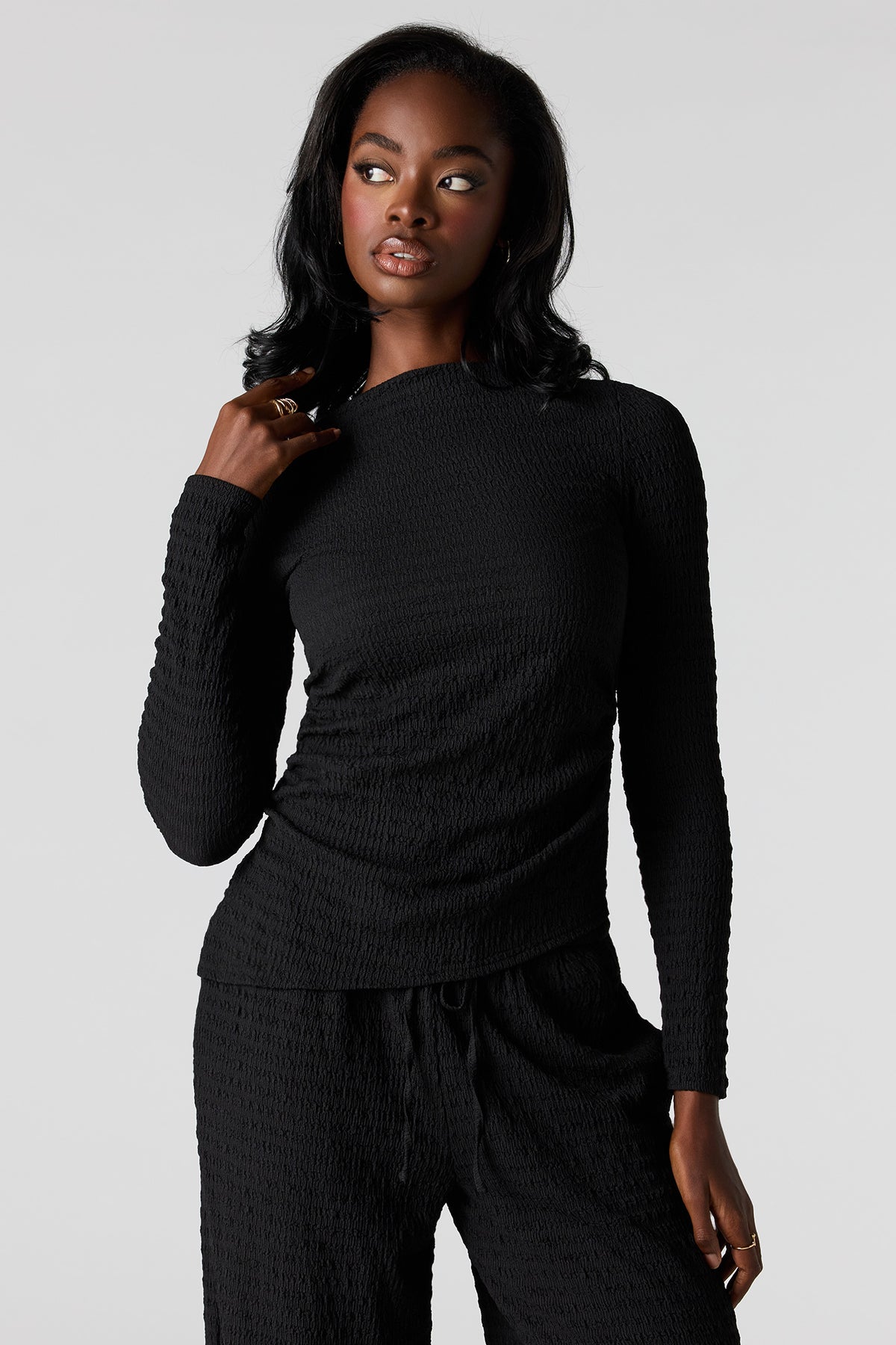 Textured Asymmetrical Long Sleeve Top - Black