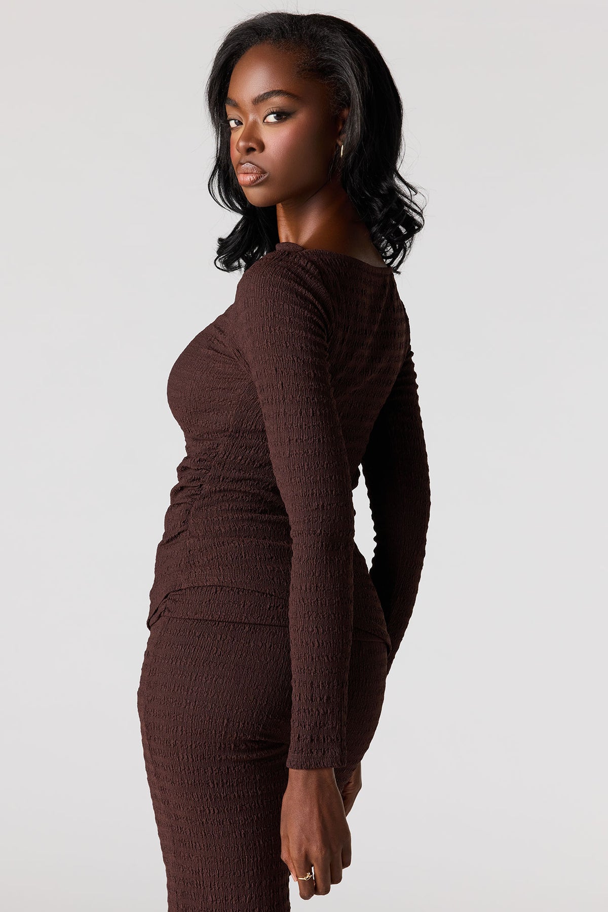 Alt View 2. Textured Asymmetrical Long Sleeve Top - Brown