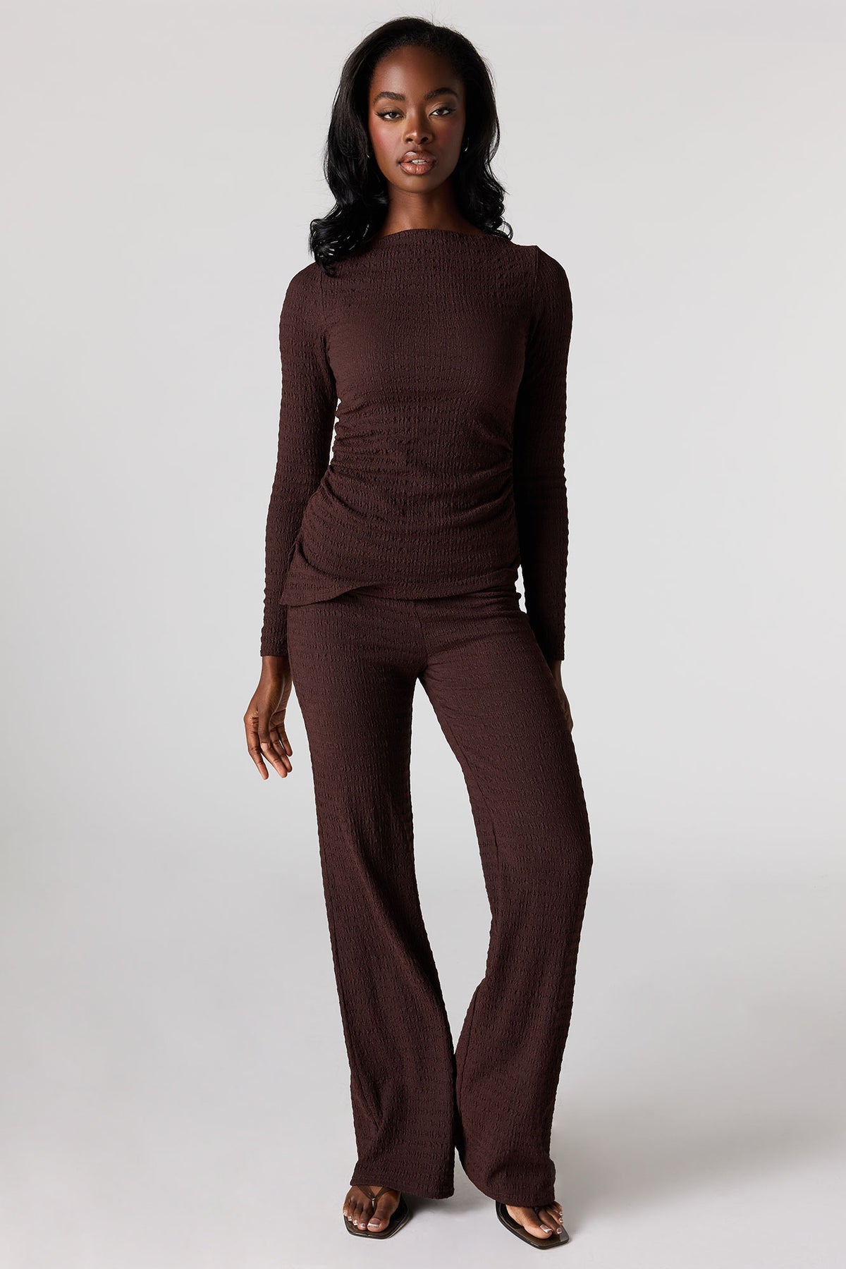 Alt View 3. Textured Asymmetrical Long Sleeve Top - Brown