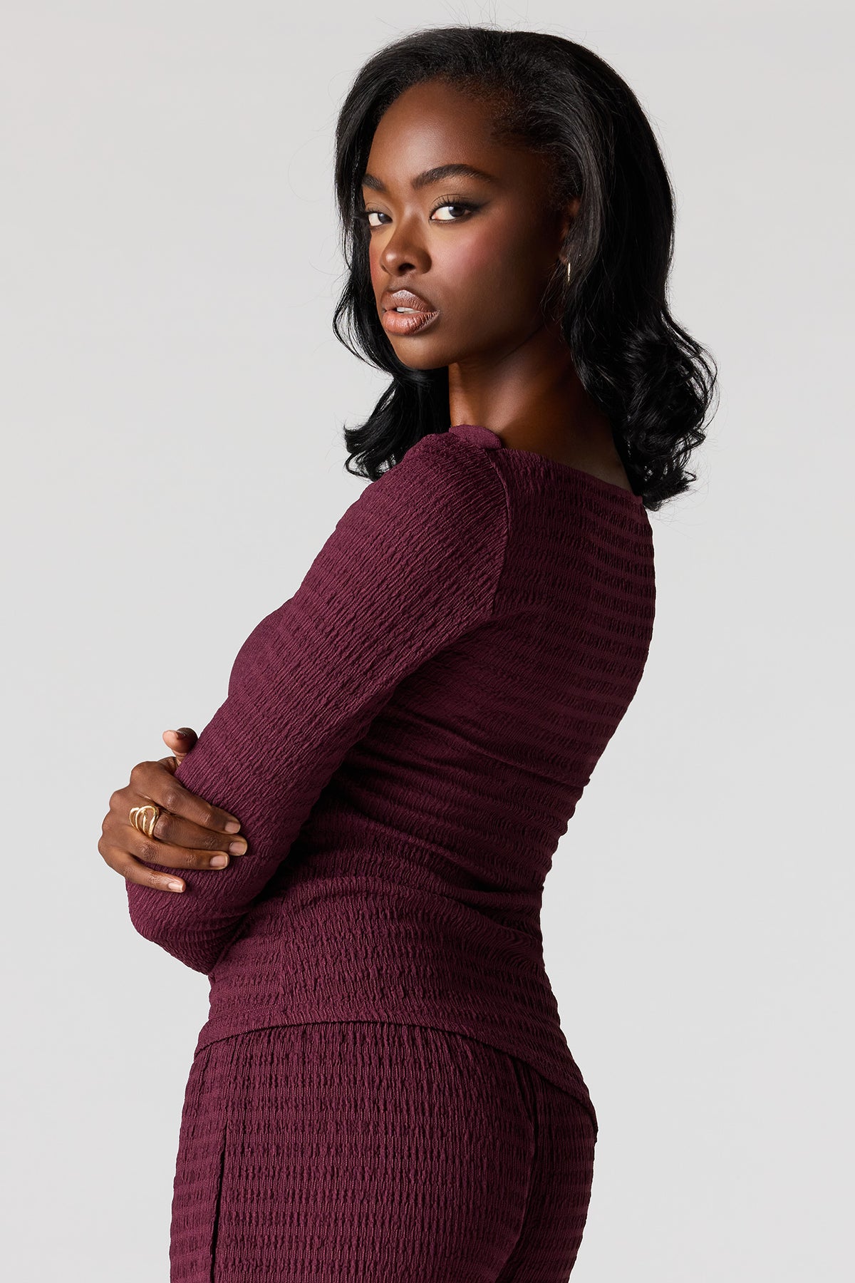Alt View 2. Textured Asymmetrical Long Sleeve Top - Burgundy