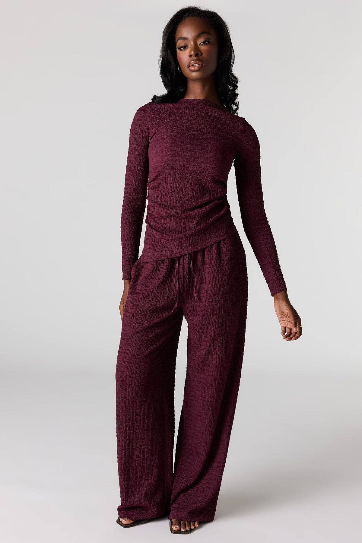 Alt View 3. Textured Asymmetrical Long Sleeve Top - Burgundy