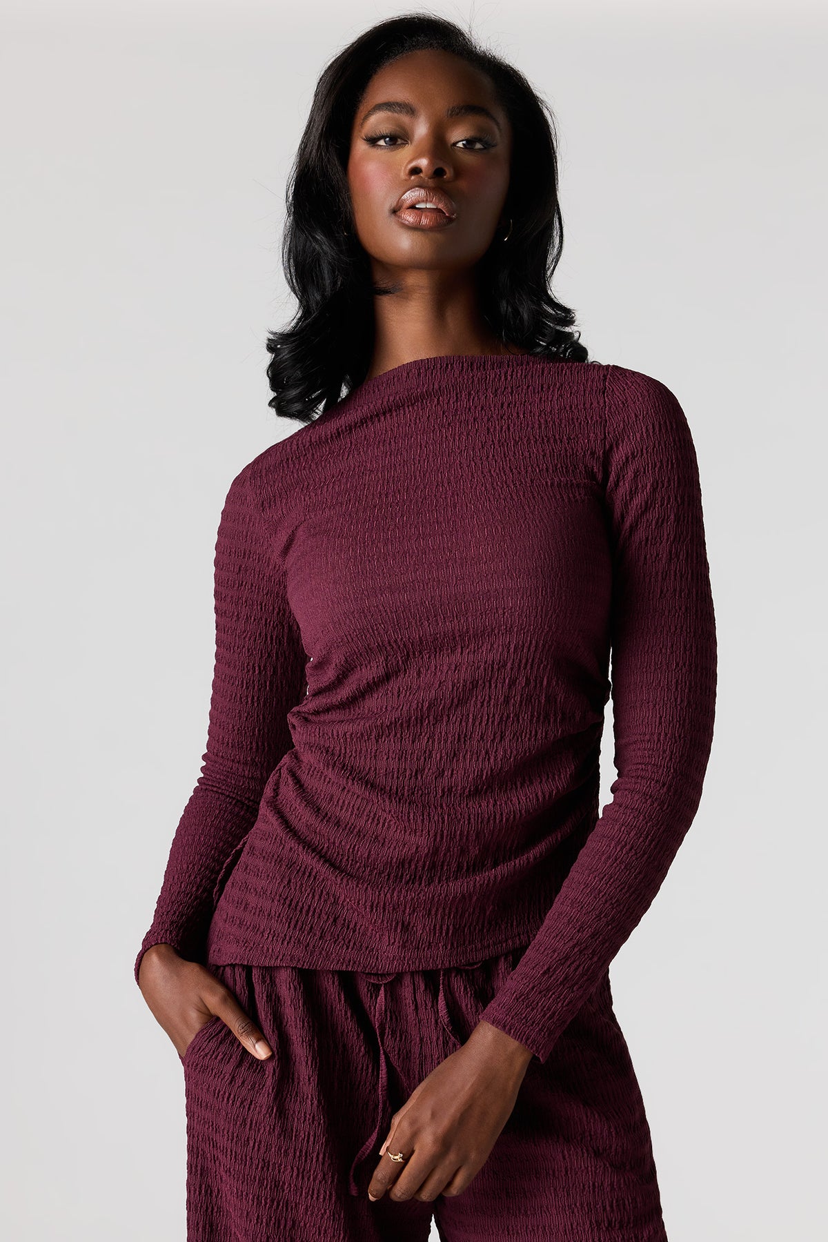 Textured Asymmetrical Long Sleeve Top - Burgundy