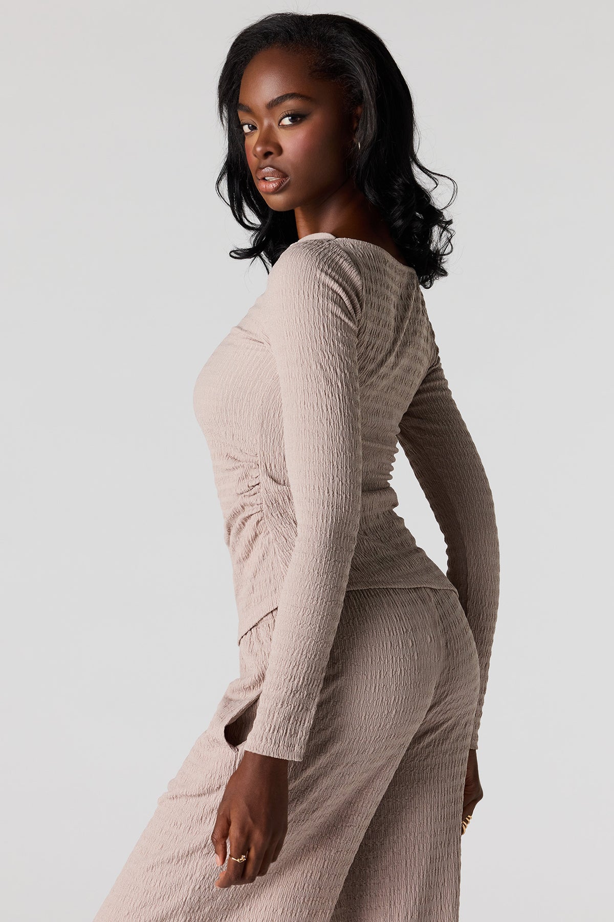 Alt View 2. Textured Asymmetrical Long Sleeve Top - Taupe