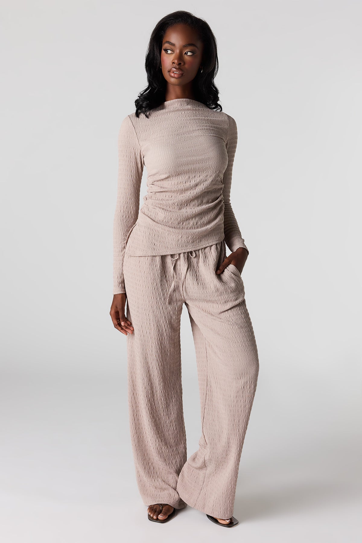 Alt View 3. Textured Asymmetrical Long Sleeve Top - Taupe