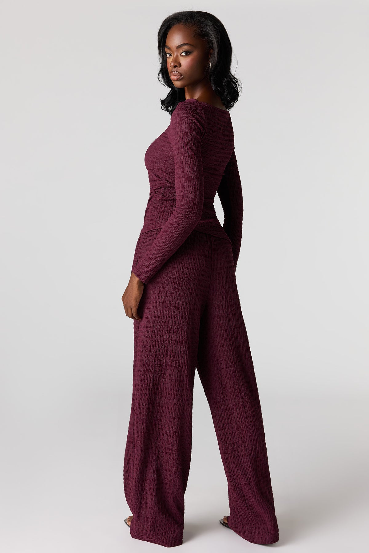 Alt View 3. Textured Wide Leg Pant - Burgundy