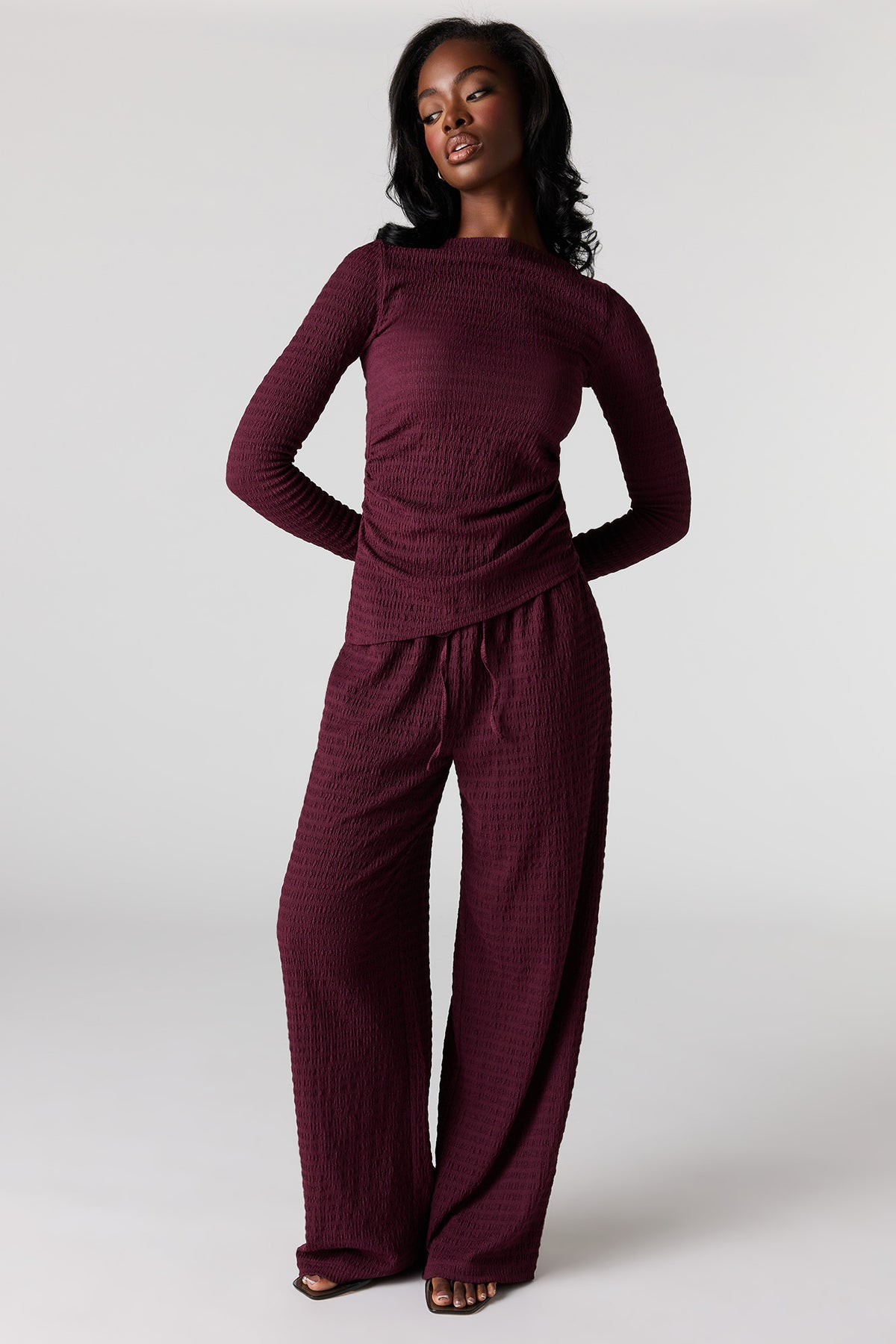 Textured Wide Leg Pant - Burgundy
