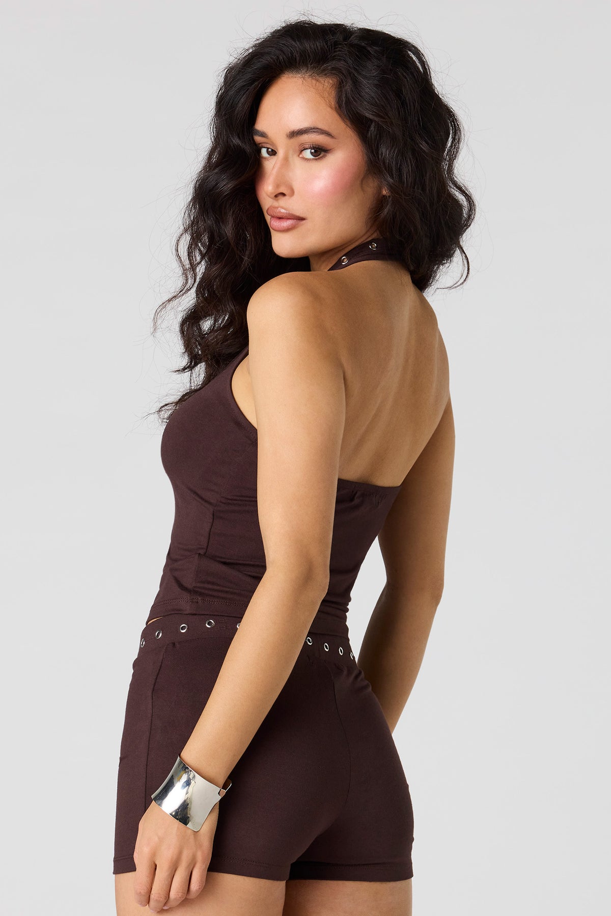 Alt View 2. Eyelet Halter Top - Brown
