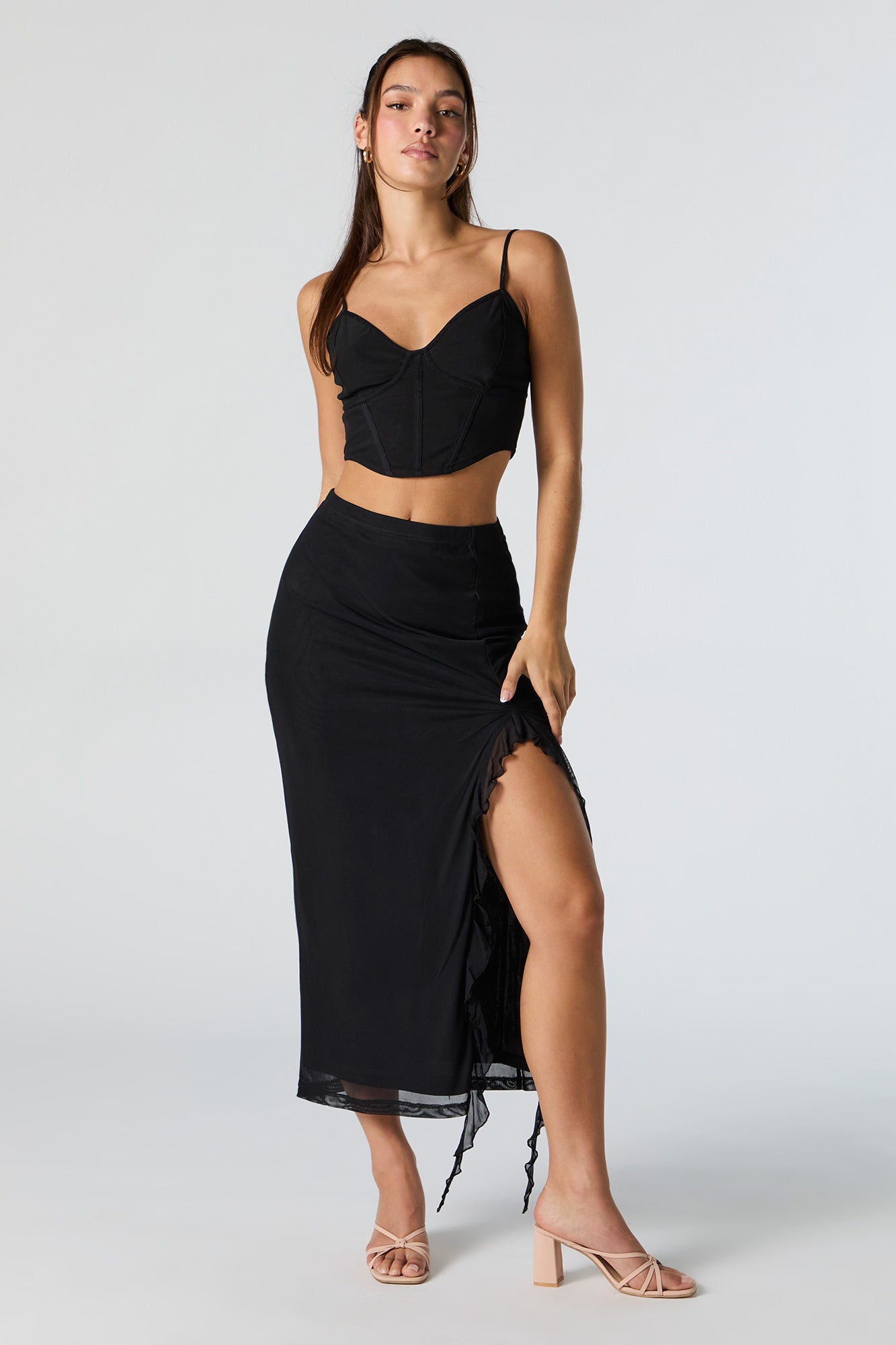 Stitches Mesh Ruffle Slit Midi Skirt Foxvalley Mall