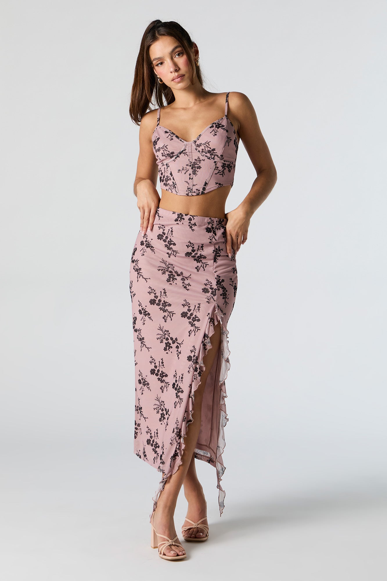 Printed Mesh Ruffle Slit Midi Skirt