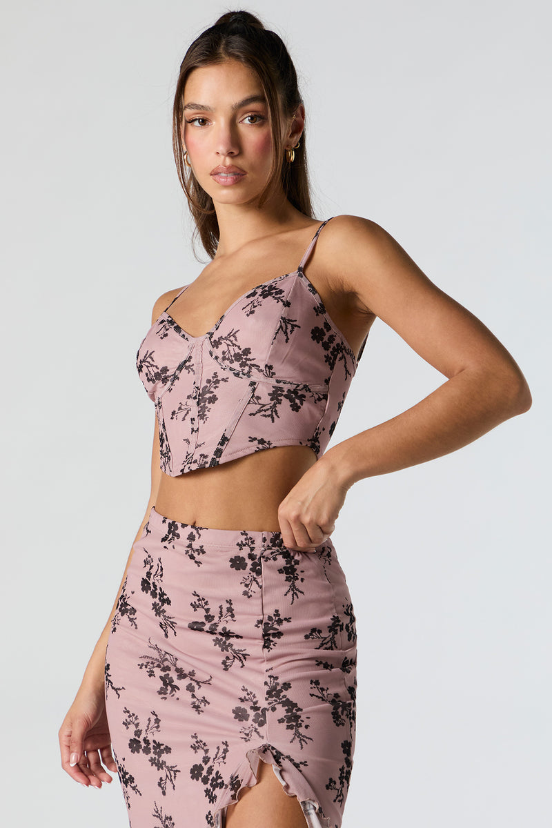 Printed Mesh Corset Crop Top