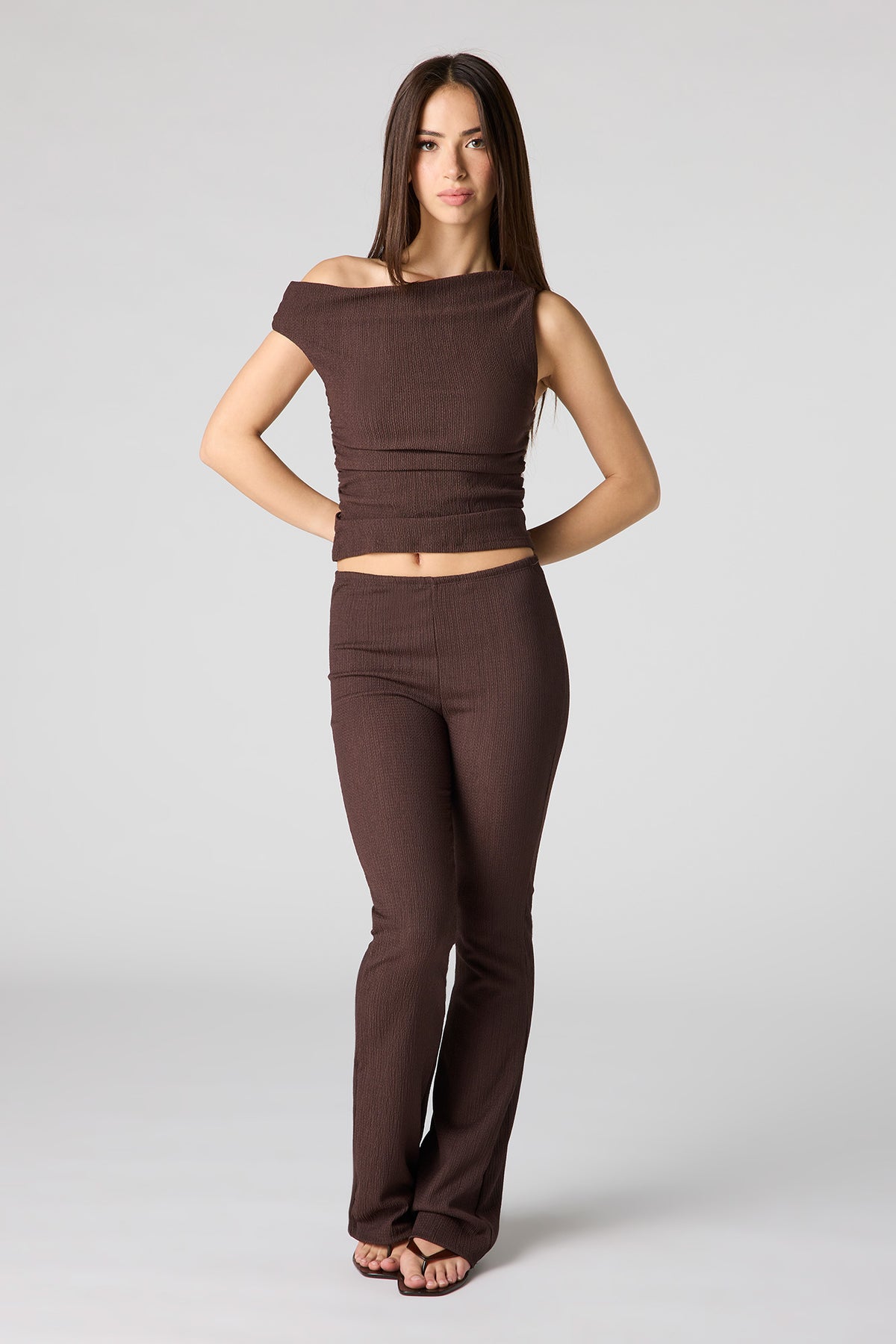 Alt View 3. Textured Off Shoulder Top - Brown