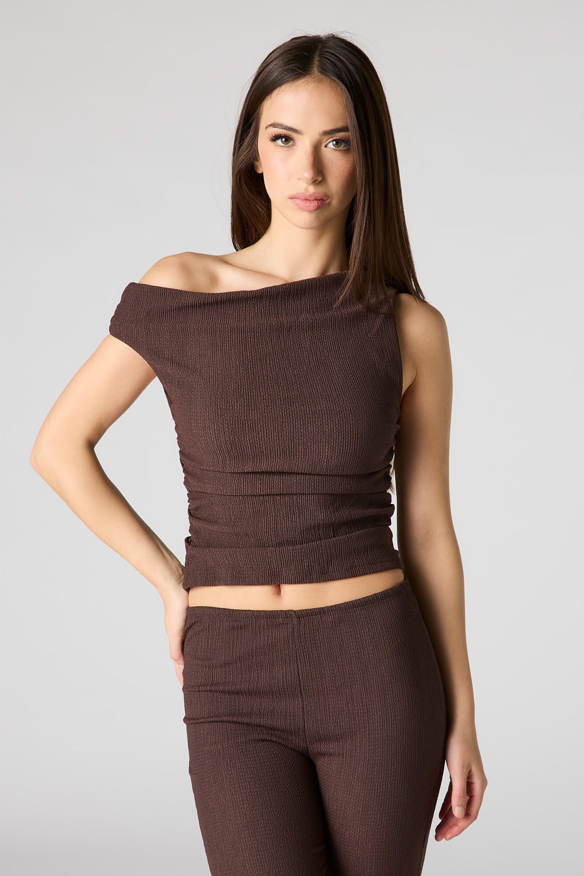 Textured Off Shoulder Top - Brown