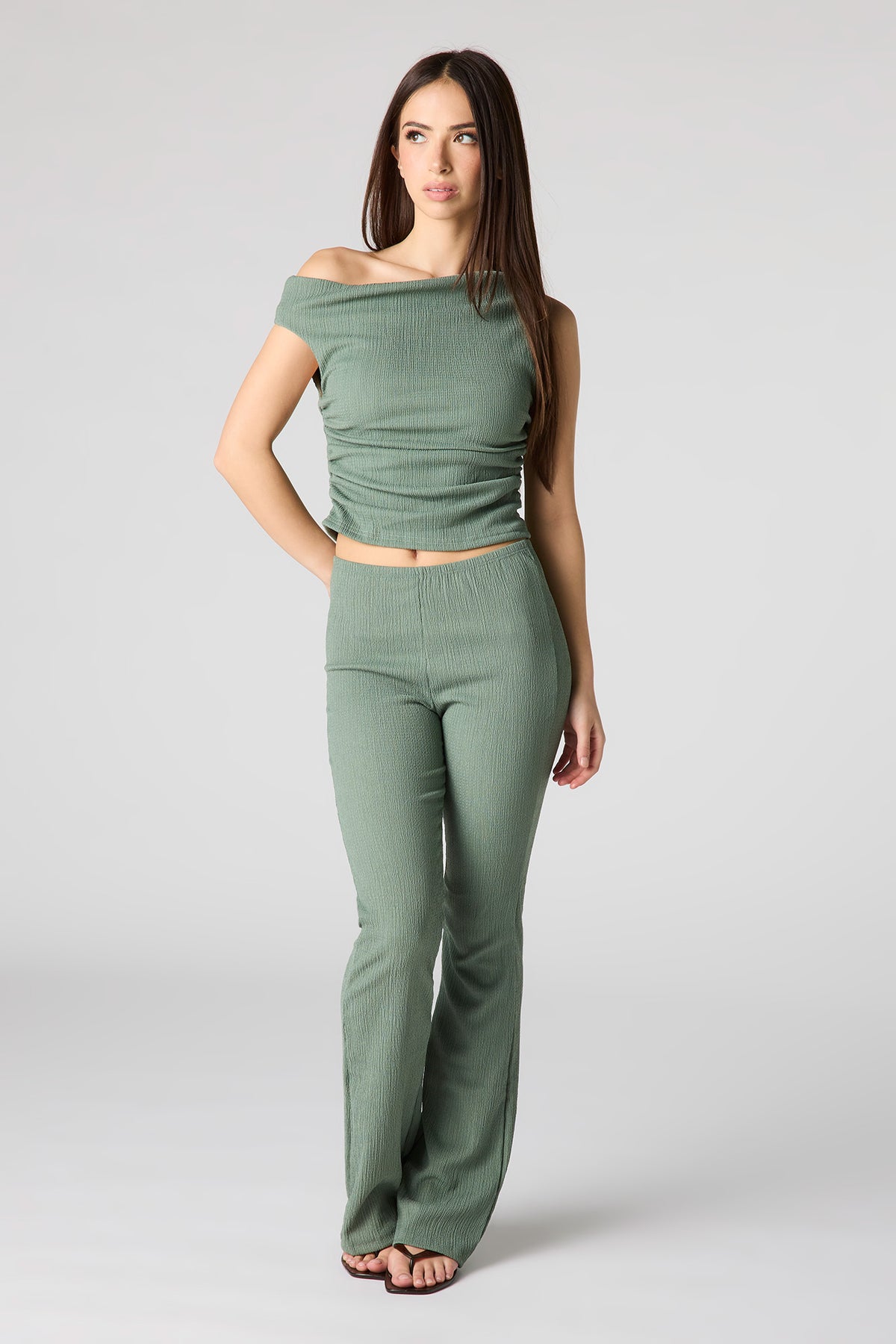 Alt View 3. Textured Off Shoulder Top - Dark Green