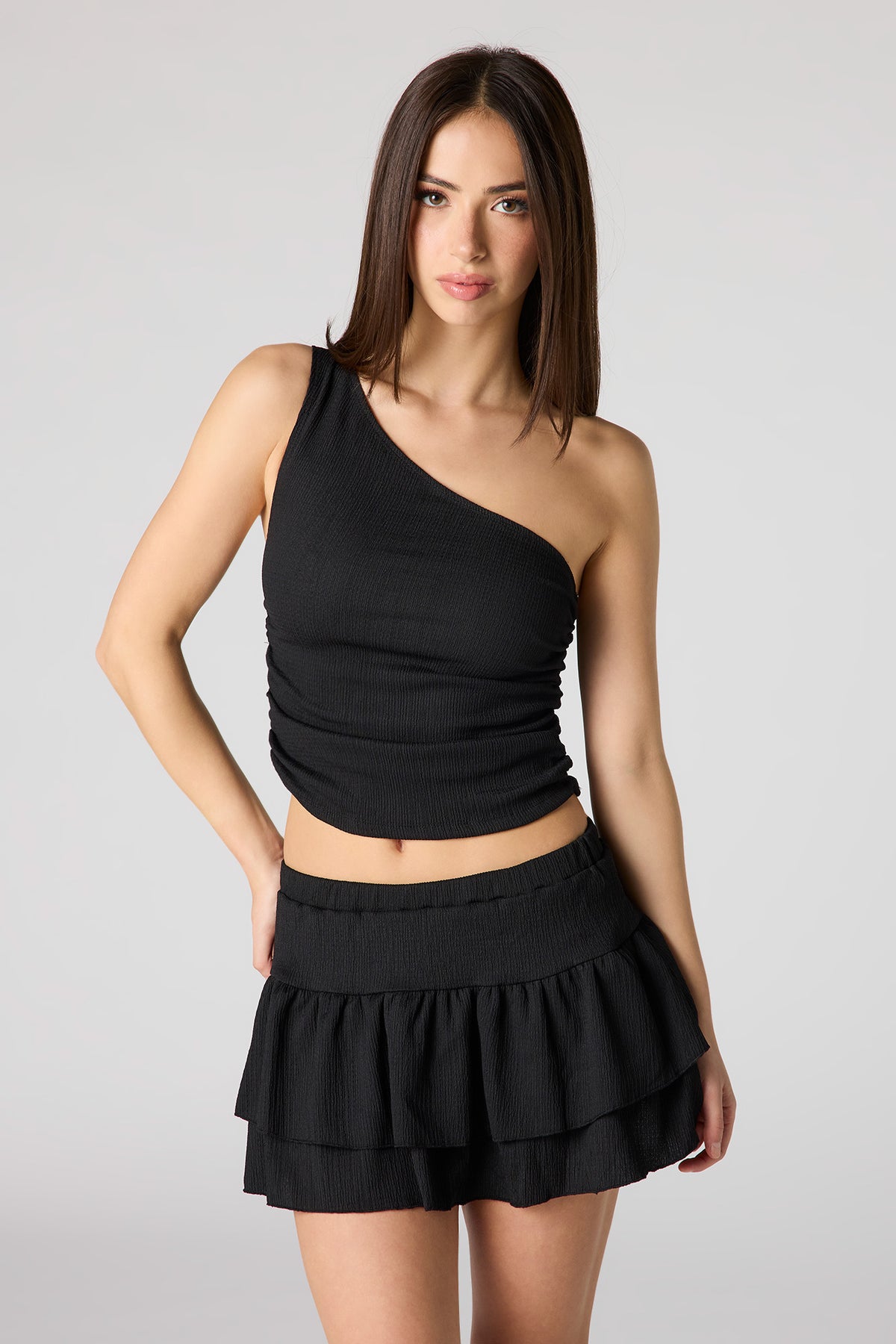 Textured Tiered Mini Skort - Black