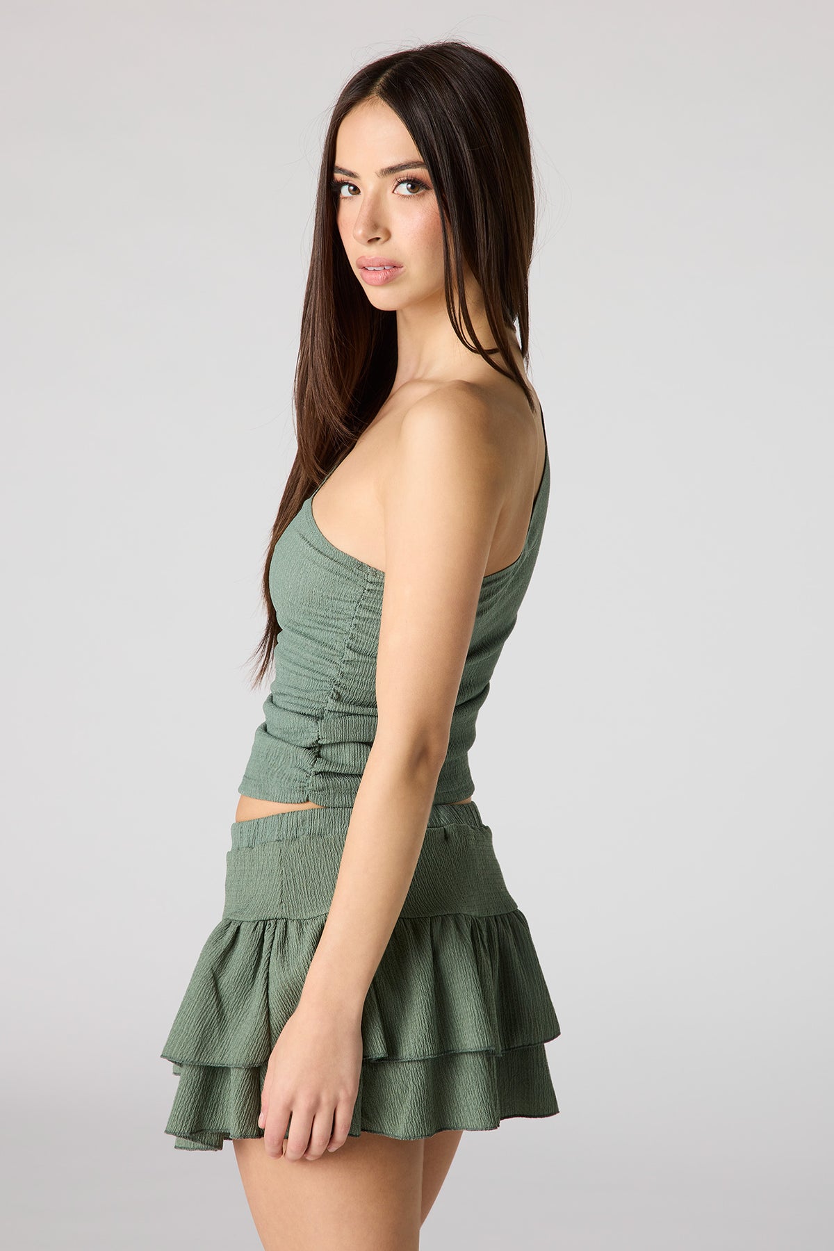 Alt View 2. Textured Tiered Mini Skort - Dark Green