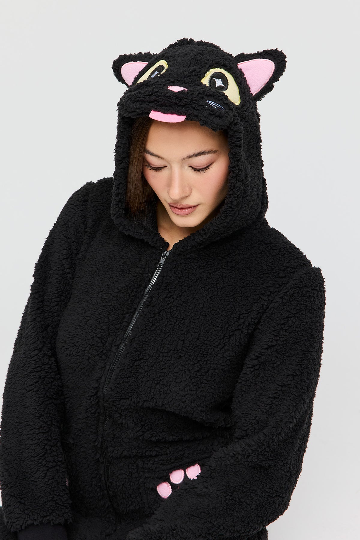 3D Cat Sherpa Onesie - Black