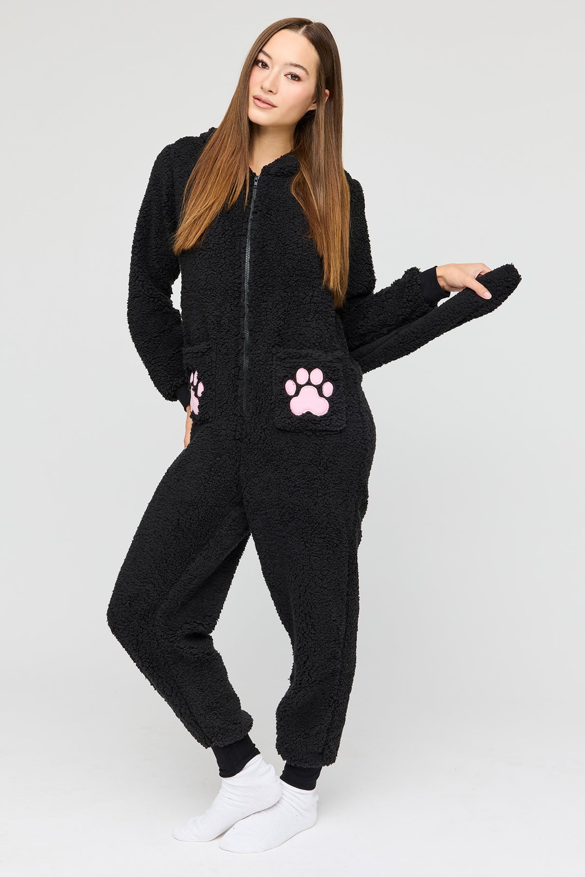 Alt View 3. 3D Cat Sherpa Onesie - Black