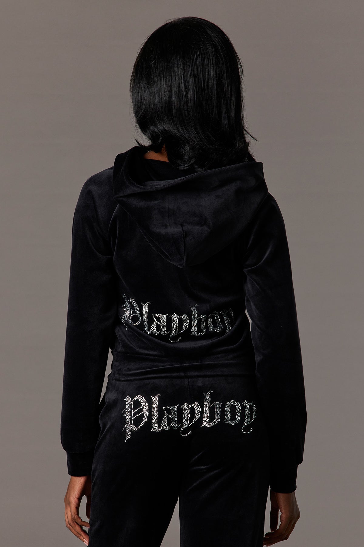 Alt View 2. Playboy Velour Rhinestone Zip Hoodie - Black
