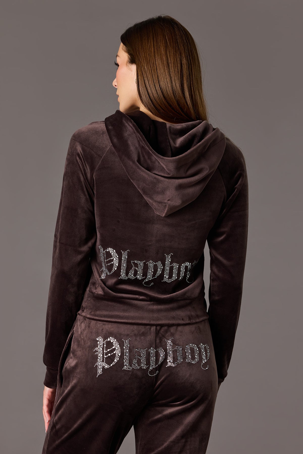 Alt View 2. Playboy Velour Rhinestone Zip Hoodie - Brown