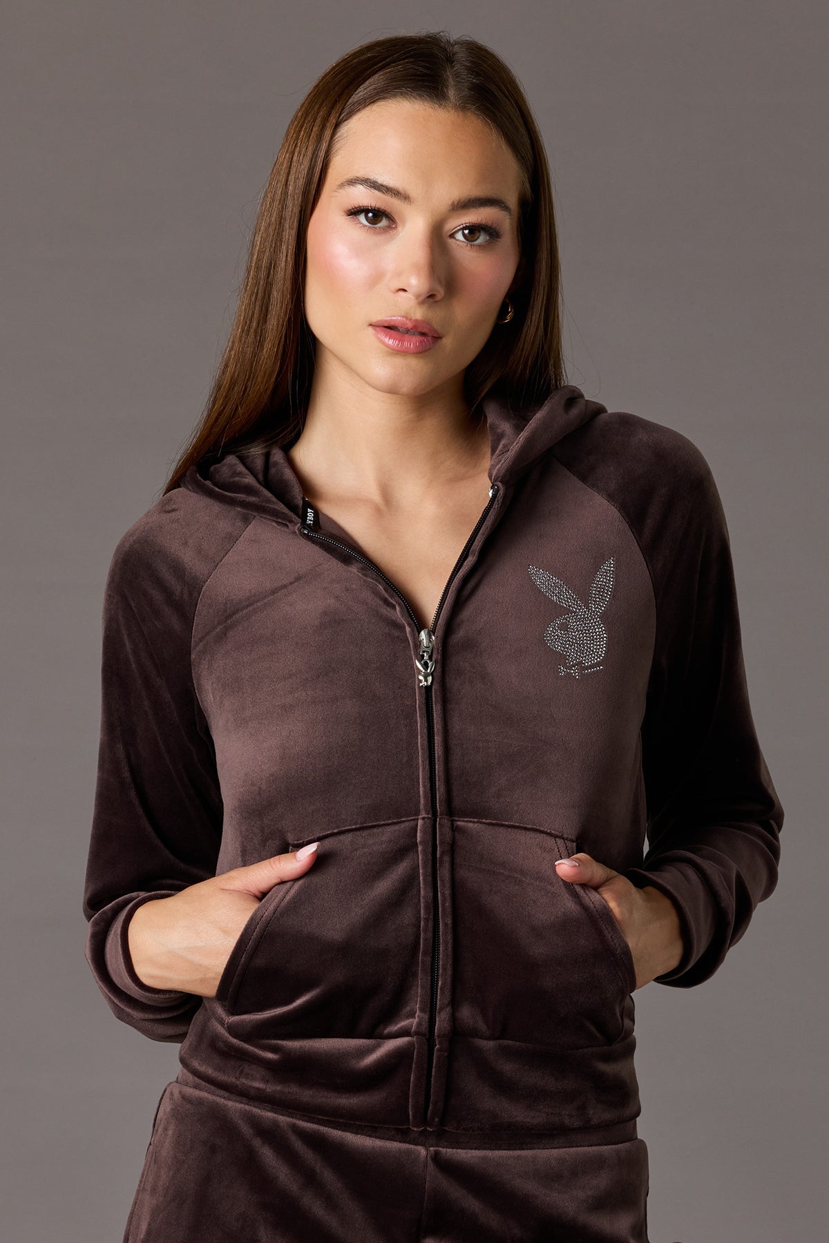 Playboy Velour Rhinestone Zip Hoodie - Brown