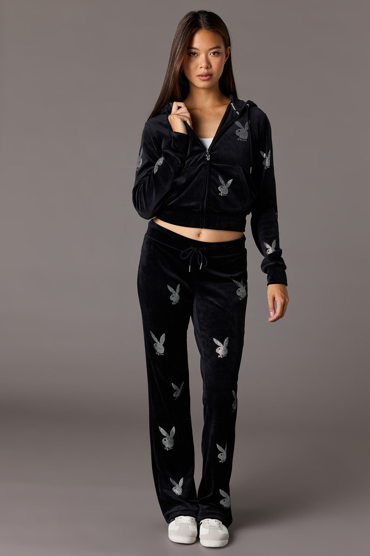 Alt View 3. Playboy Velour Rhinestone Zip Hoodie - Black