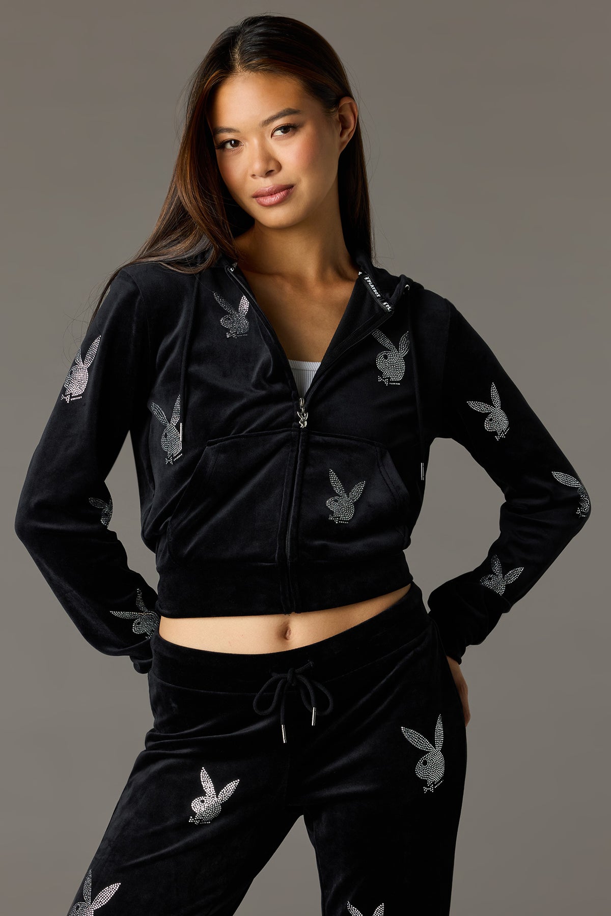 Playboy Velour Rhinestone Zip Hoodie - Black