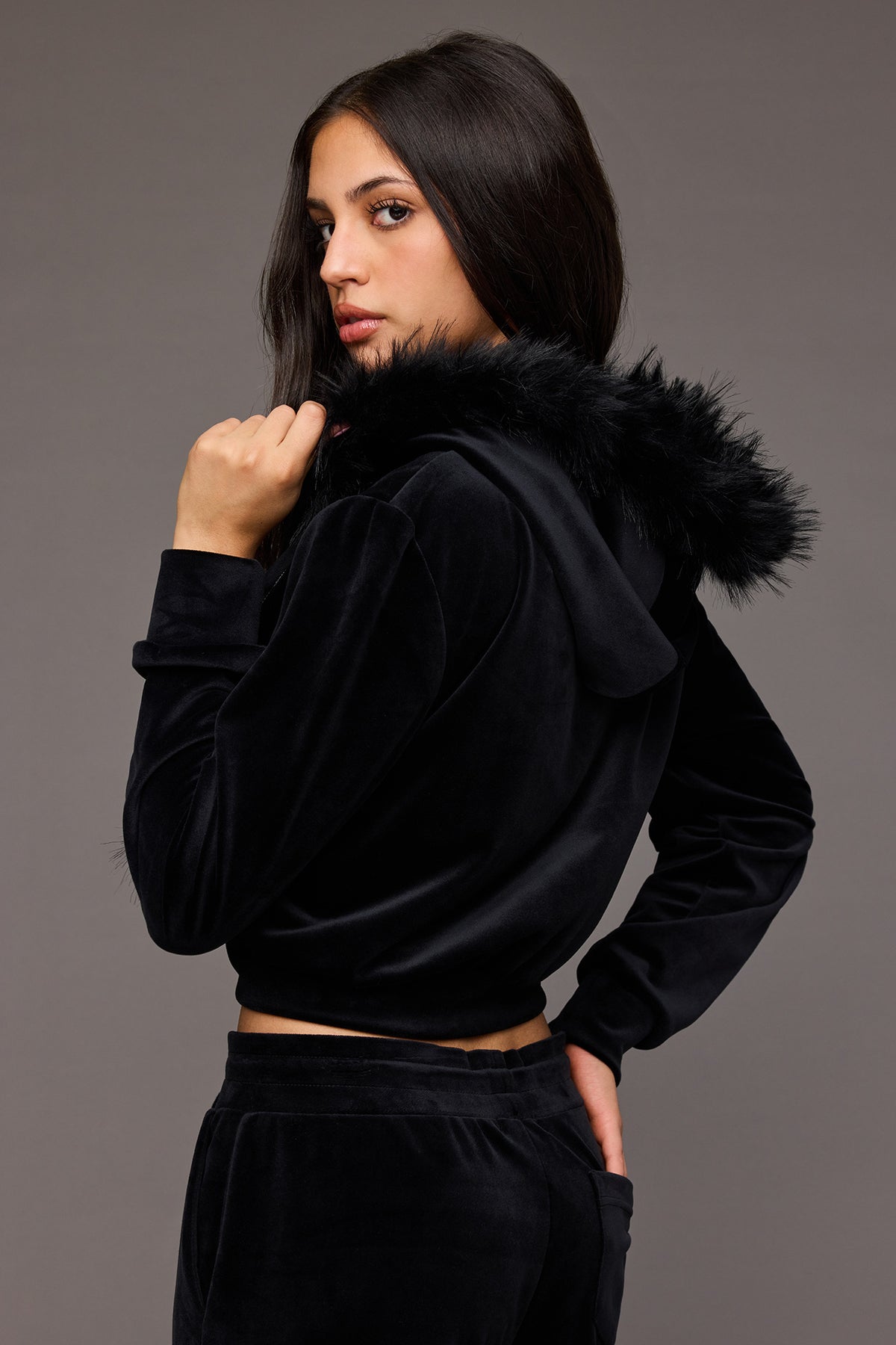 Alt View 2. Playboy Velour Rhinestone Faux Fur Trim Zip Hoodie - Black