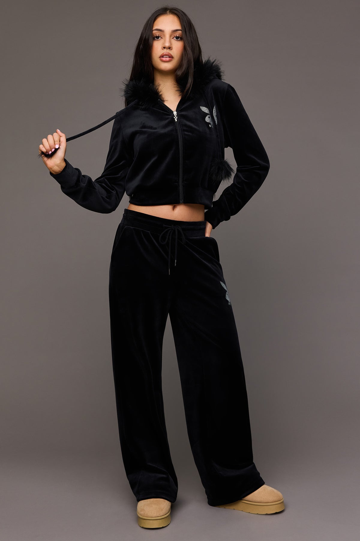 Alt View 3. Playboy Velour Rhinestone Faux Fur Trim Zip Hoodie - Black