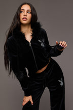 Playboy Velour Rhinestone Faux Fur Trim Zip Hoodie