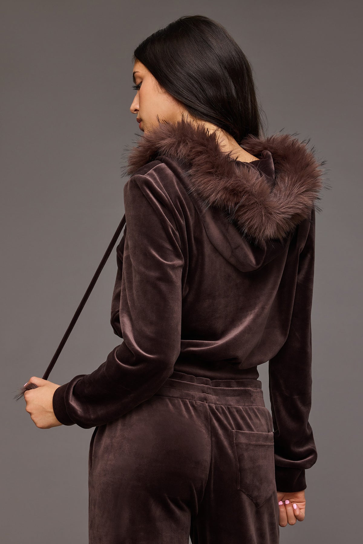 Alt View 2. Playboy Velour Rhinestone Faux Fur Trim Zip Hoodie - Brown