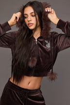 Playboy Velour Rhinestone Faux Fur Trim Zip Hoodie