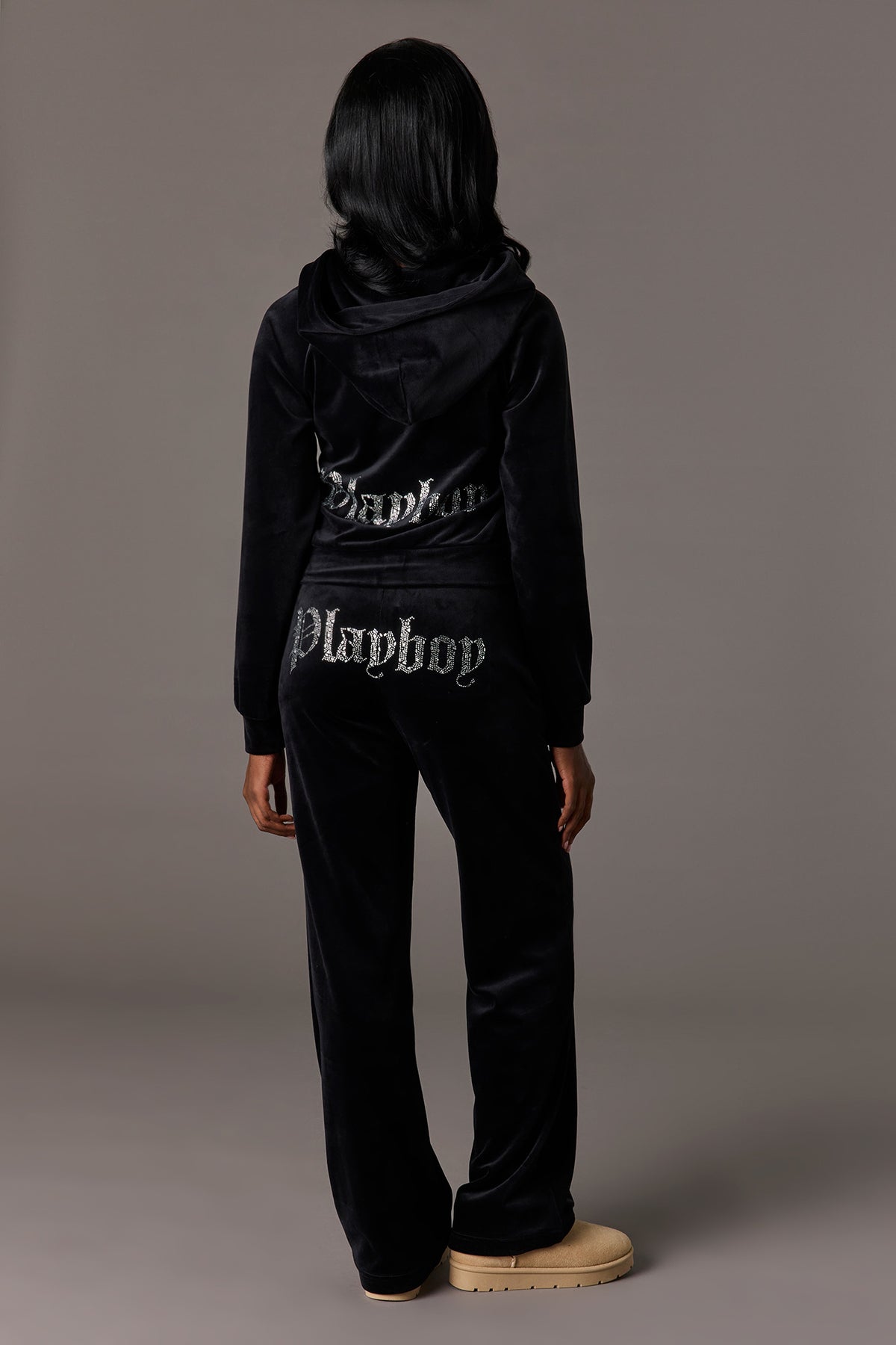 Alt View 3. Playboy Velour Rhinestone Flare Pant - Black