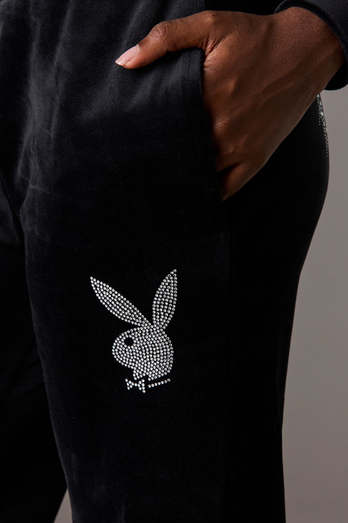 Alt View 4. Playboy Velour Rhinestone Flare Pant - Black