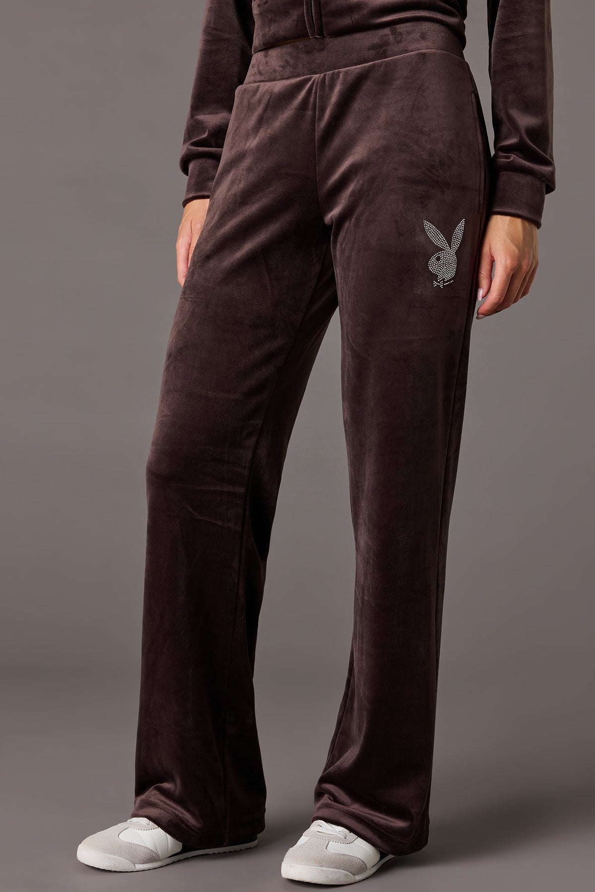 Alt View 2. Playboy Velour Rhinestone Flare Pant - Brown