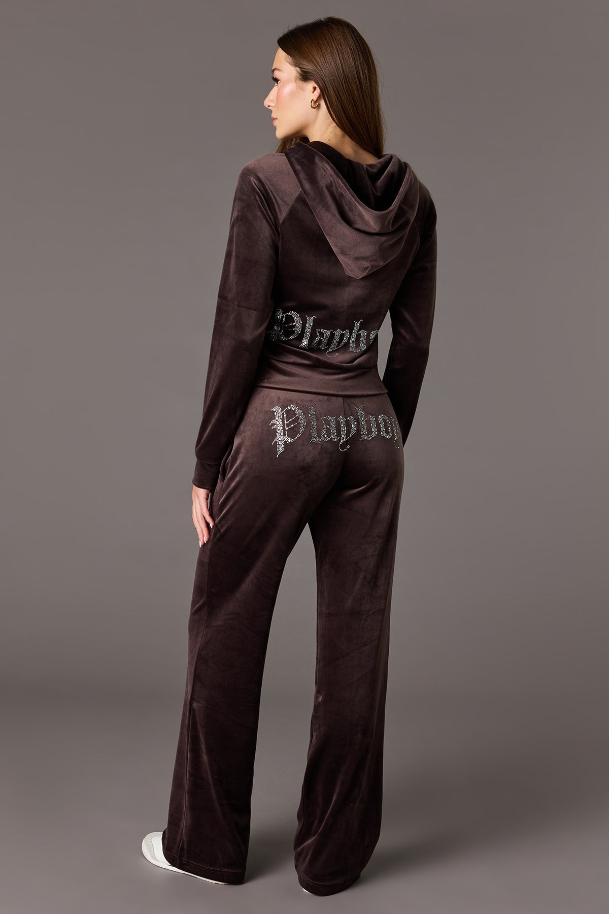 Alt View 3. Playboy Velour Rhinestone Flare Pant - Brown