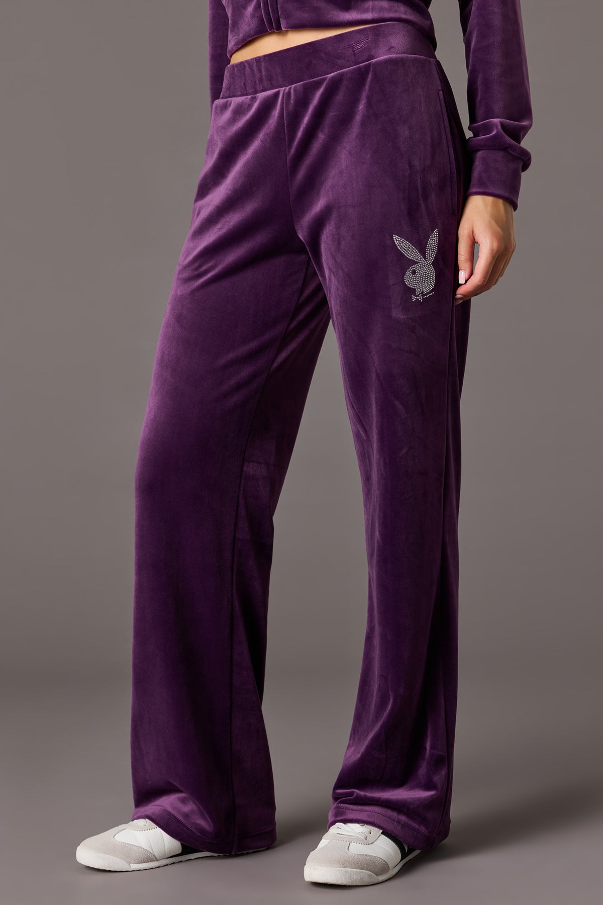 Alt View 2. Playboy Velour Rhinestone Flare Pant - Purple