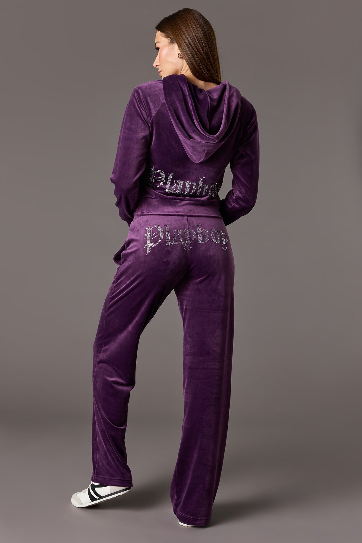 Alt View 3. Playboy Velour Rhinestone Flare Pant - Purple