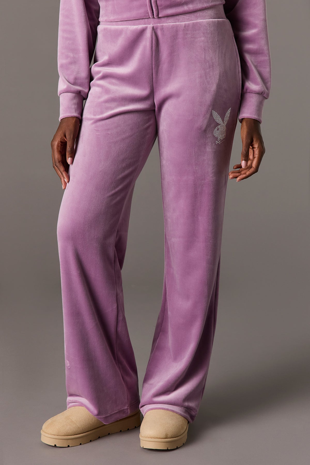 Alt View 2. Playboy Velour Rhinestone Flare Pant - Lilac