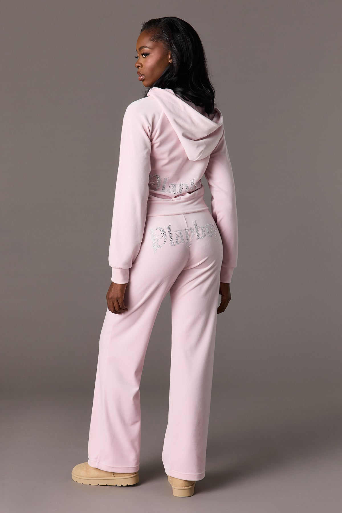 Alt View 3. Playboy Velour Rhinestone Flare Pant - Pink