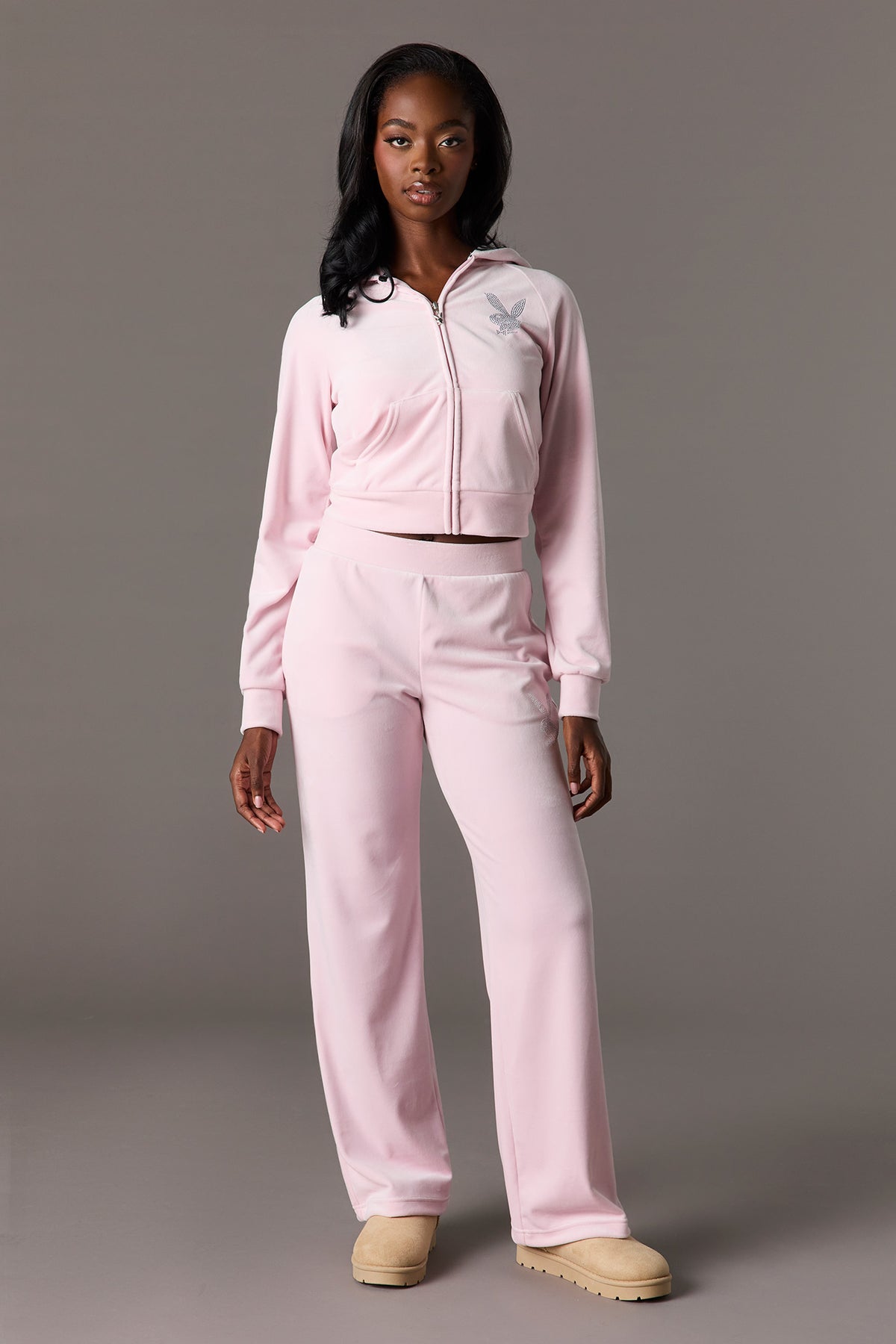 Playboy Velour Rhinestone Flare Pant - Pink