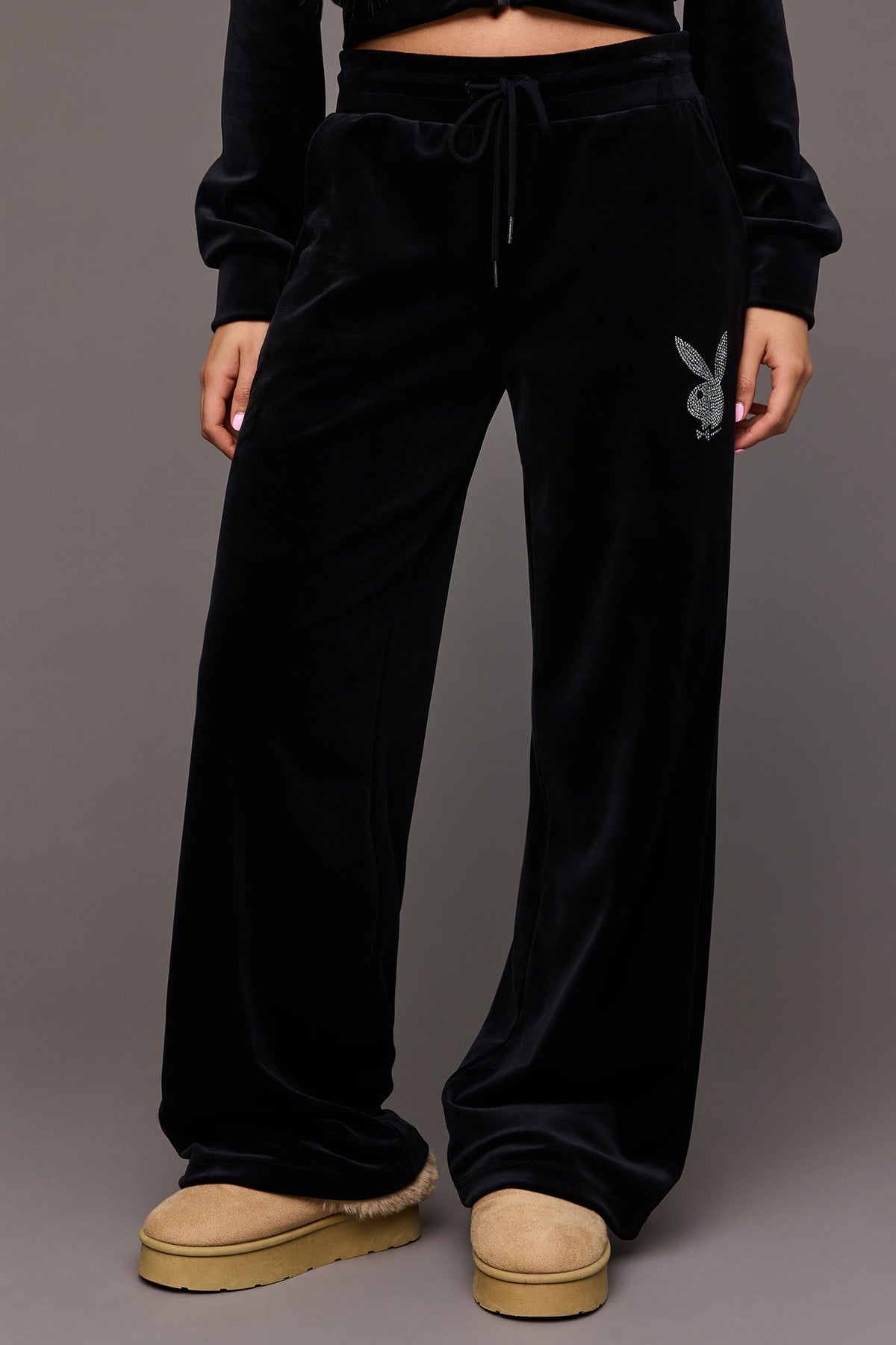 Alt View 2. Playboy Velour Rhinestone Wide Leg Pant - Black