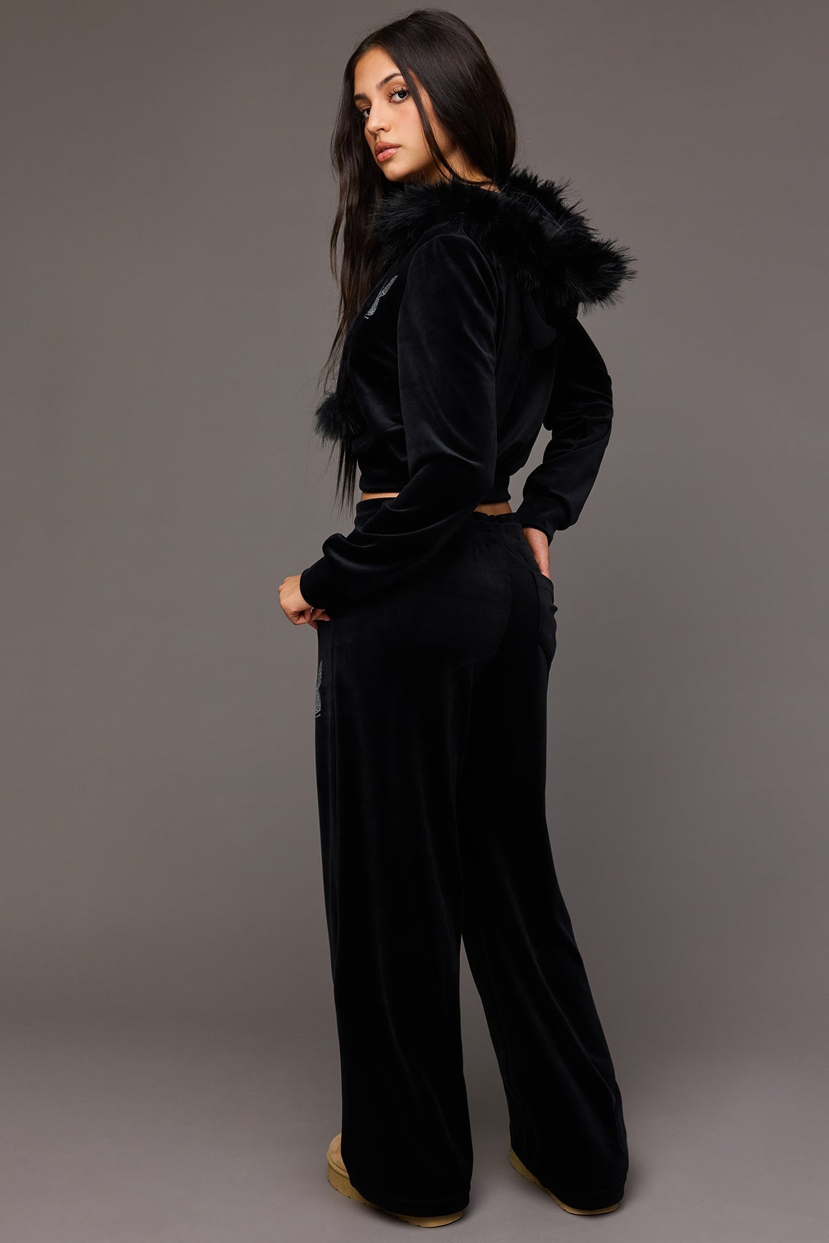 Alt View 3. Playboy Velour Rhinestone Wide Leg Pant - Black