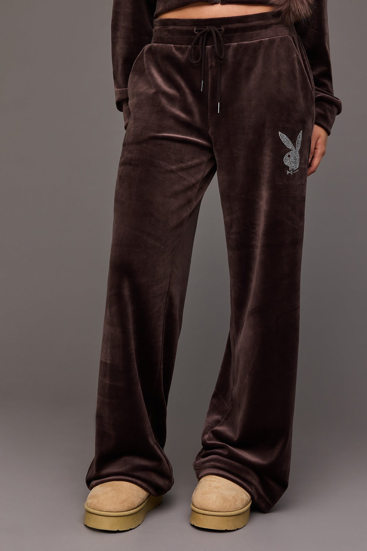 Alt View 2. Playboy Velour Rhinestone Wide Leg Pant - Brown