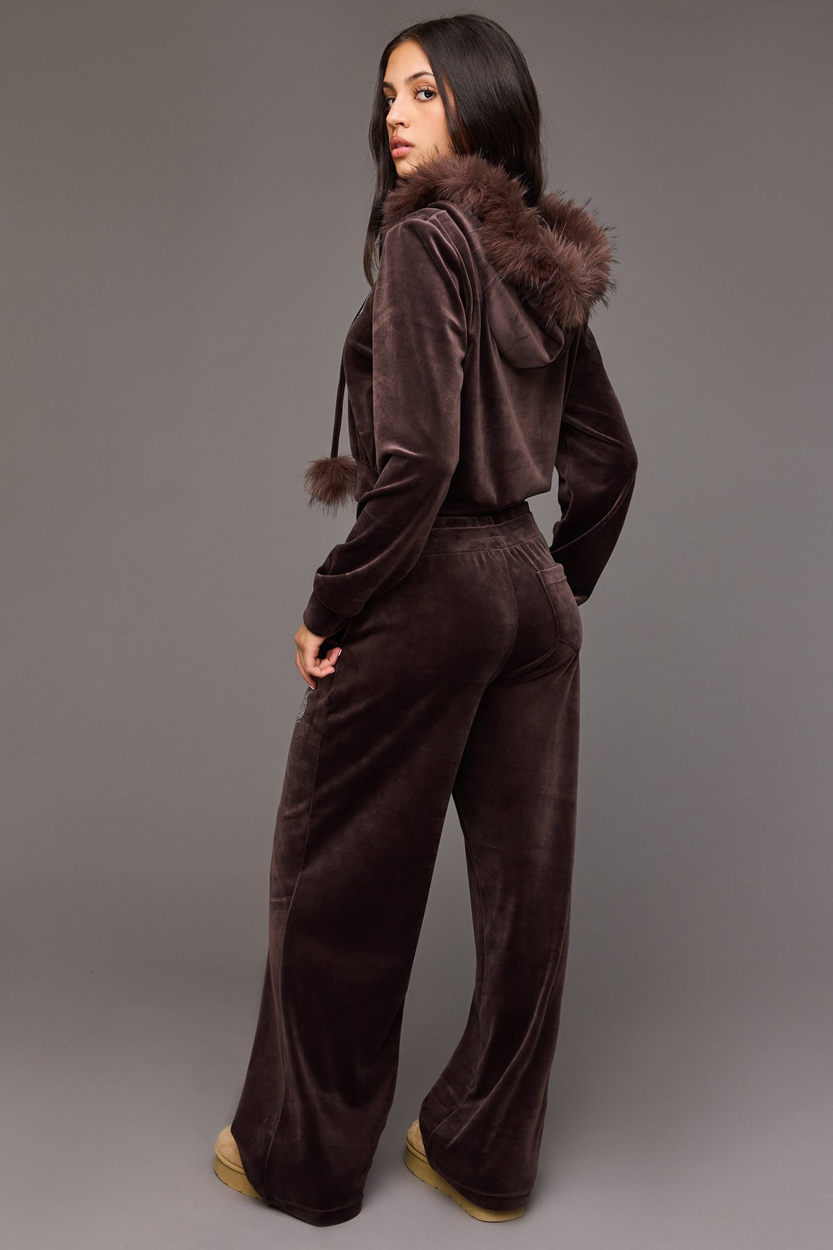 Alt View 3. Playboy Velour Rhinestone Wide Leg Pant - Brown