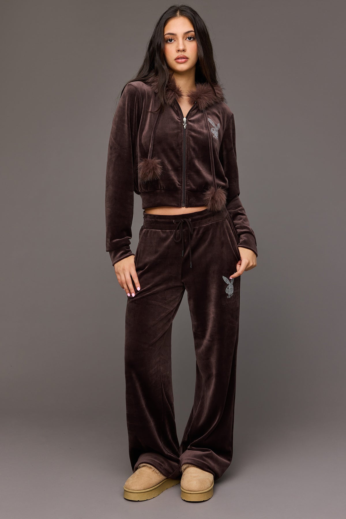 Playboy Velour Rhinestone Wide Leg Pant - Brown