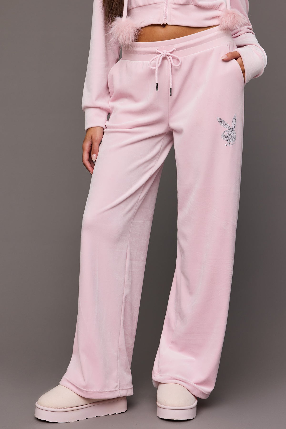 Alt View 2. Playboy Velour Rhinestone Wide Leg Pant - Pink