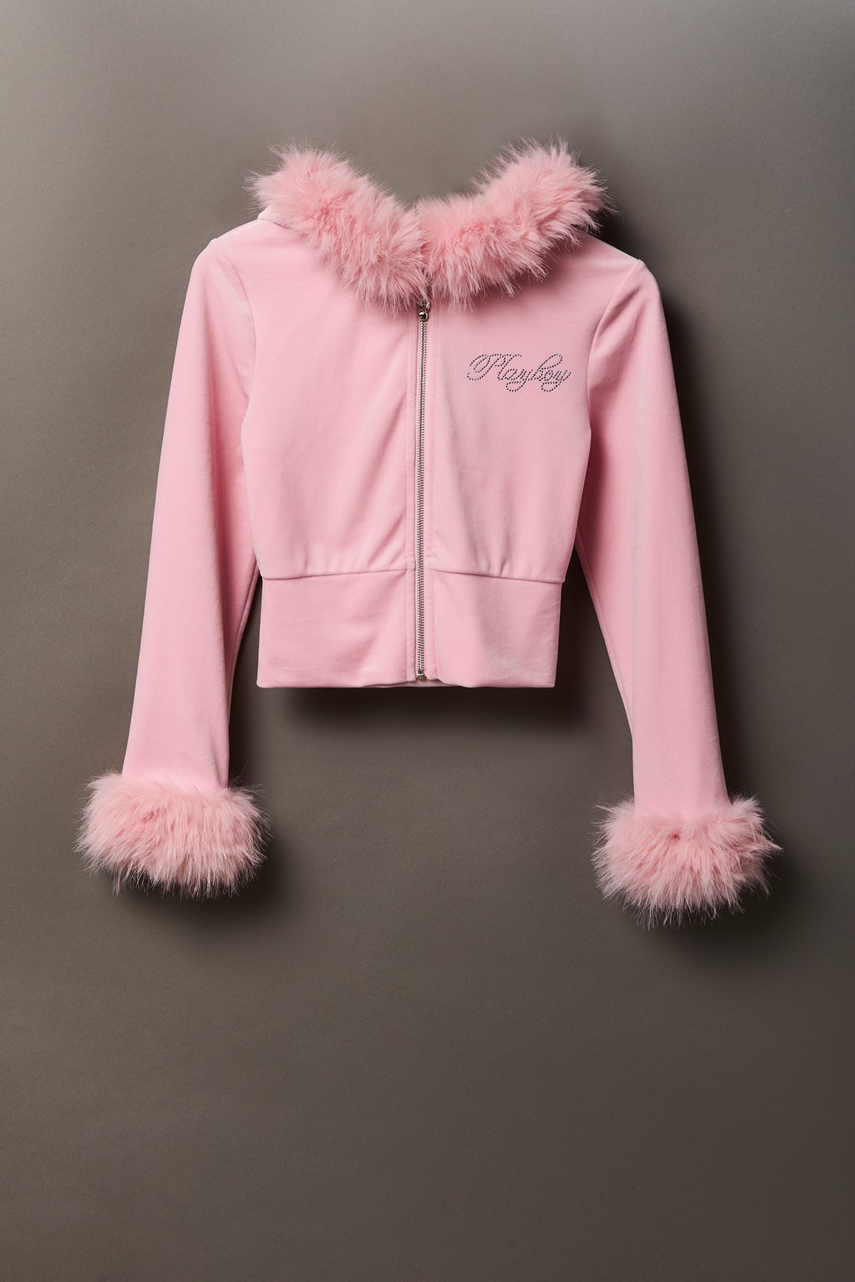 Playboy Velour Faux Fur Trim Zip Hoodie - Light Pink